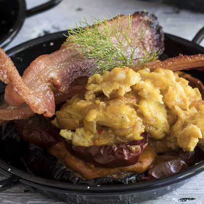 Aubergine and Tomato Bake with Scrambled Eggs and Bacon
