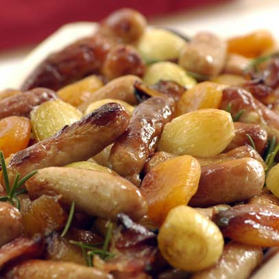 Chipolatas, Baby Onions and Apricots Baked in Balsamic Vinaigrette
