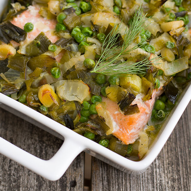 Fish Bake with Leeks and Baby Peas