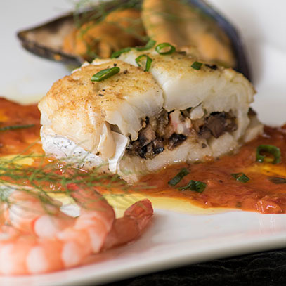 Hake Stuffed with Mushrooms and Prawns