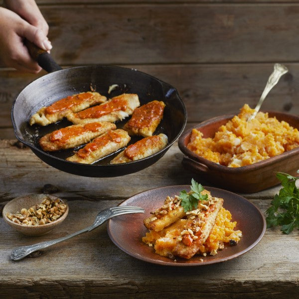 Hake with Red Pepper Pesto and Toasted Walnuts