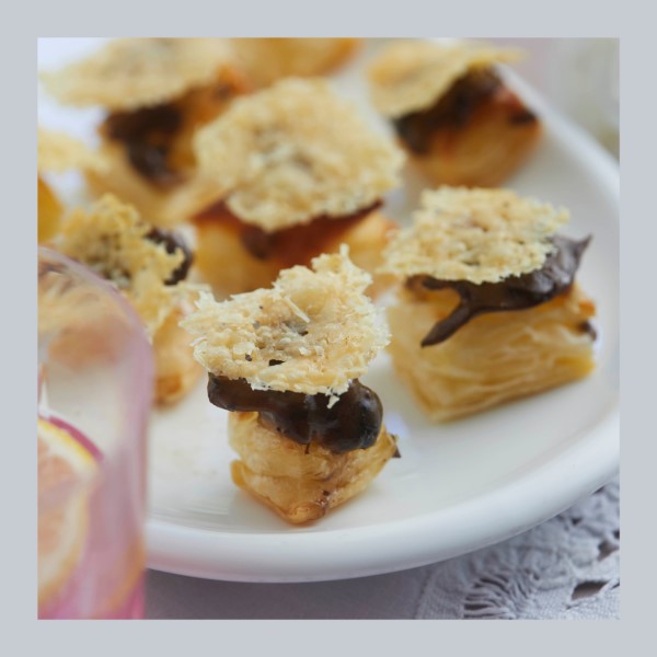 Pastry Squares with Pesto and Parmesan Crisps