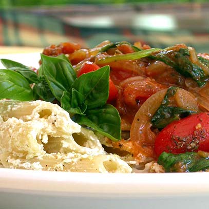 Penne with Baby Spinach, Cherry Tomatoes and Cream Cheese