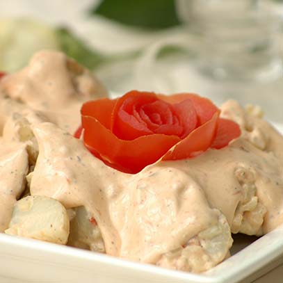 Pink Potato Salad with Tomato Roses