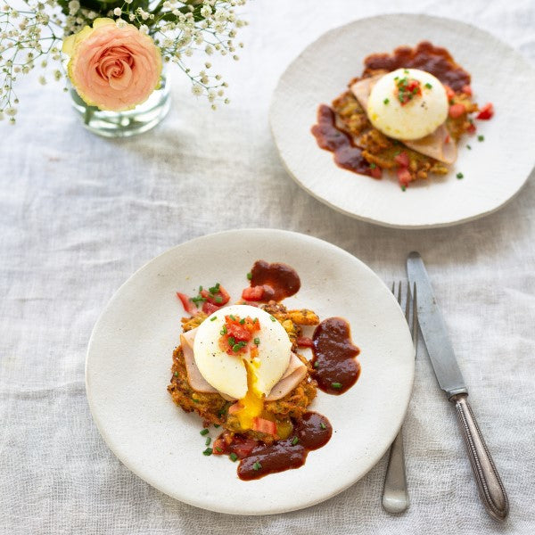 Poached Eggs on Rosti with Ham and Chipotle Sauce