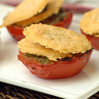 Tomato Halves with Basil Pesto and Parmesan Crisps