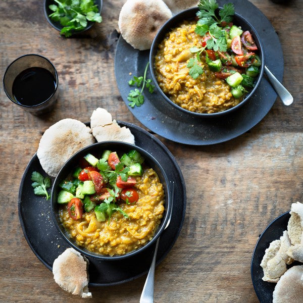 Red Lentil Dhal with Middle Eastern Spices and Chopped Salad