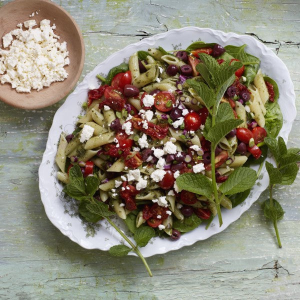 Penne Pesto Salad with Wilted Spinach and Tomatoes