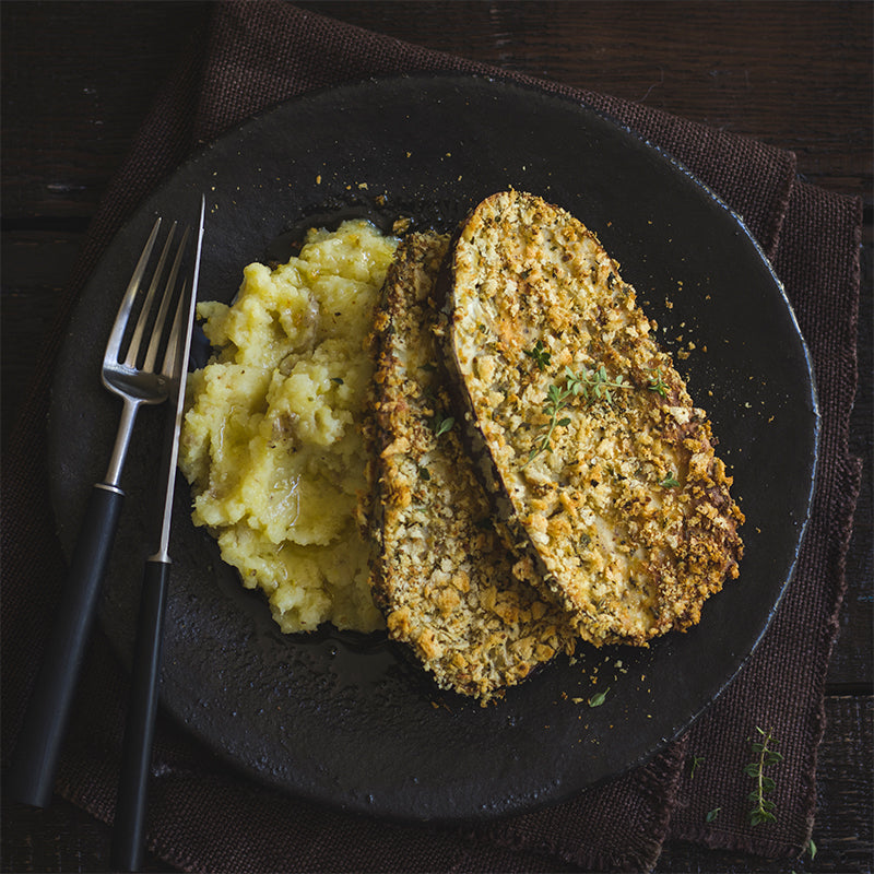 Eggplant Schnitzel with Dirty Mash