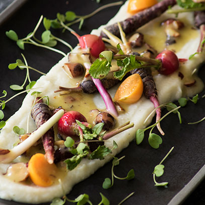 Baby Vegetable Salad with Cauliflower Cream and Warm Hazelnut Dressing