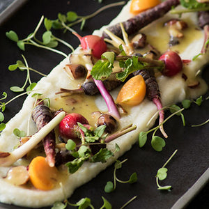 Baby Vegetable Salad with Cauliflower Cream and Warm Hazelnut Dressing
