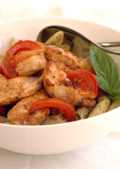 Chicken Pasta with Oven Roast Tomatoes and Basil Pesto