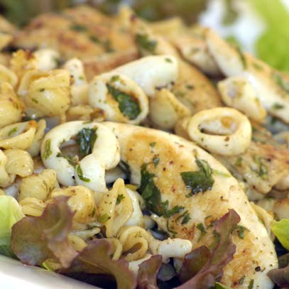 Chilli Chicken and Calamari Pasta Salad with Fresh Coriander Dressing