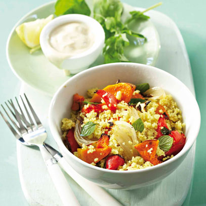 Couscous Salad with Roasted Vegetables Dressed with a Herbed Yoghurt Dressing