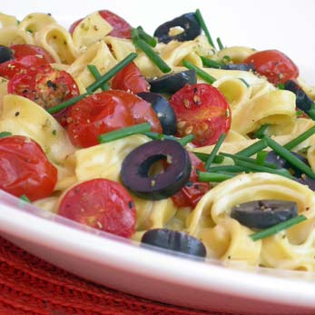 Creamy Tagliatelle with Roasted Cherry Tomatoes and Black Olives