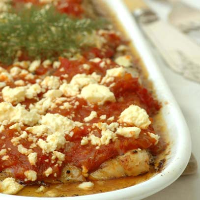 Flash-Baked Fish with Roast Pepper and Feta Sauce