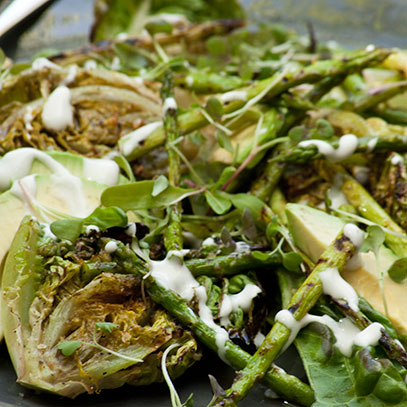 Grilled Lettuce with Asparagus and Avocados