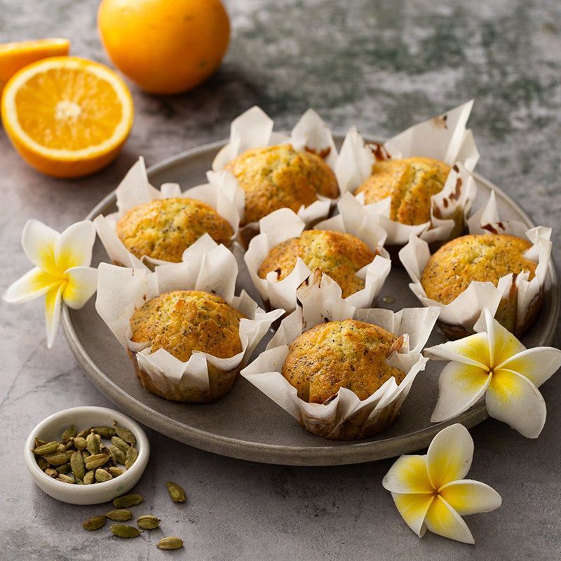 Orange & Poppy Seed Muffins with Cardamom Syrup