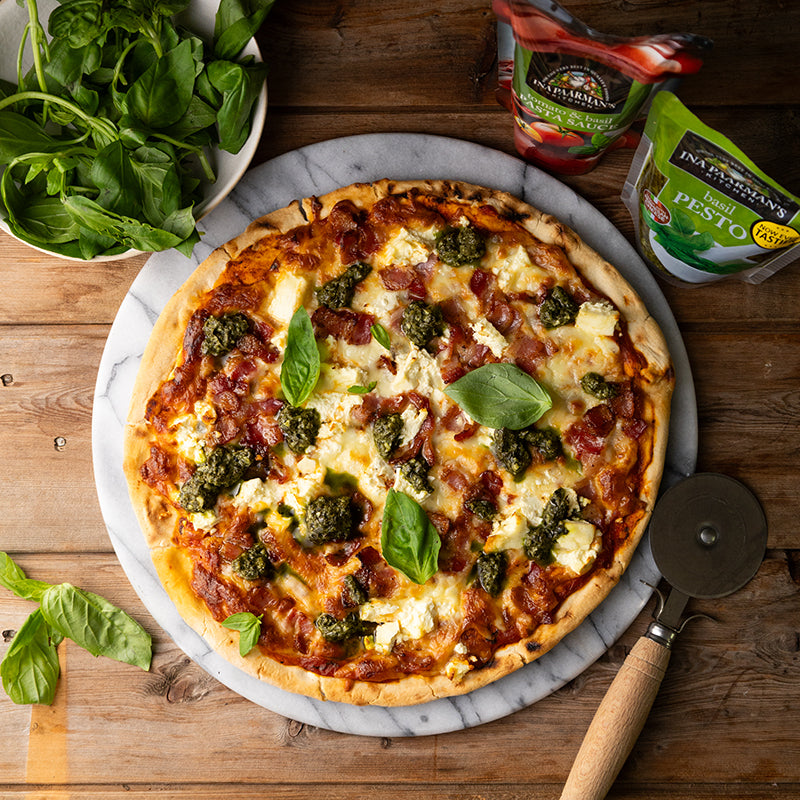 Pizza with Bacon, Feta & Basil Pesto