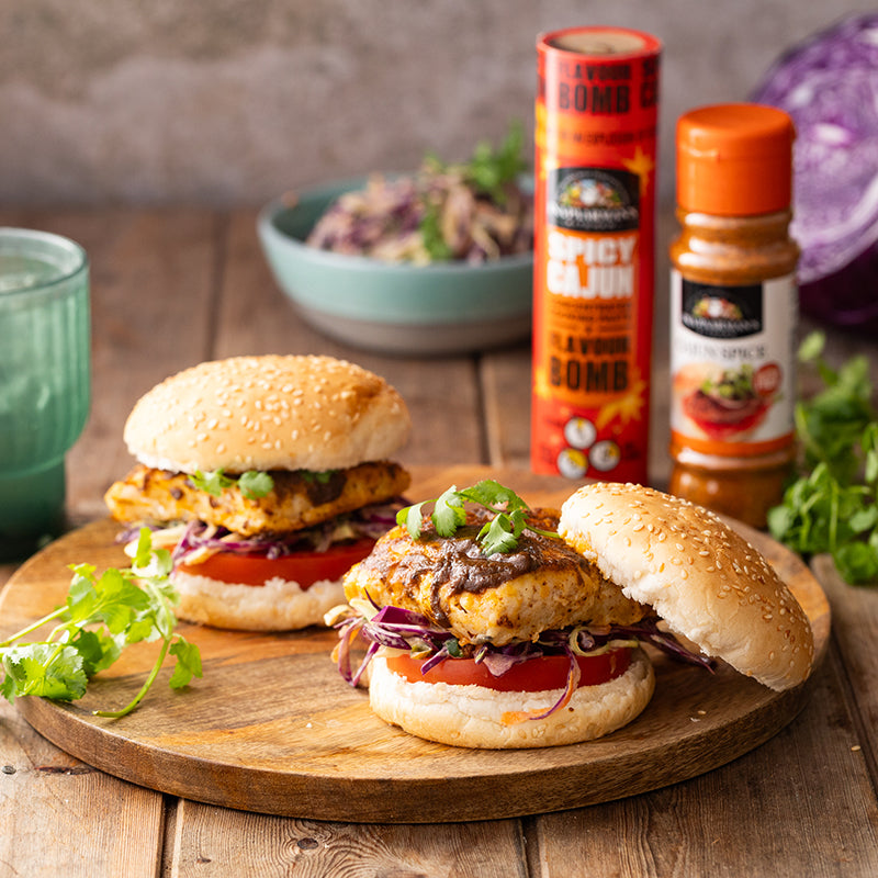 Cajun Fish Burgers with Coleslaw