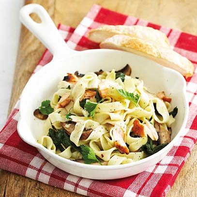 Tagliatelle with Grilled Salmon, Portabellini Mushrooms and Baby Spinach