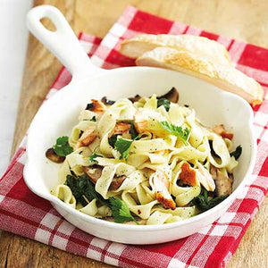 Tagliatelle with Grilled Salmon, Portabellini Mushrooms and Baby Spinach