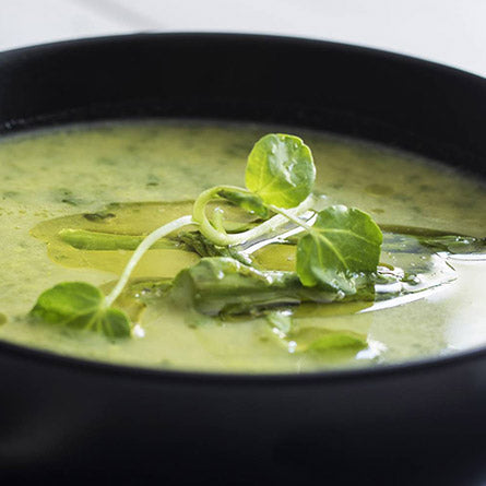 Fresh Asparagus Soup with Spinach and Watercress