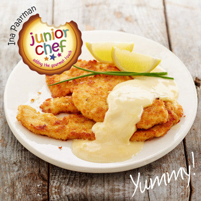 Chicken Schnitzels with Parmesan Crumbs and Cheese Sauce