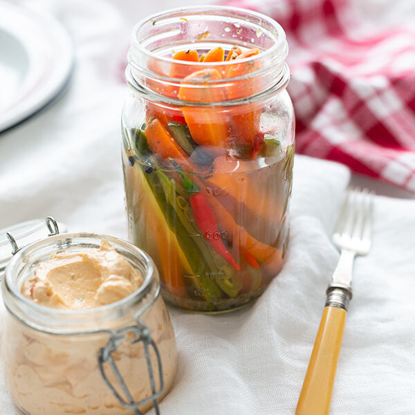 Fresh Pickles with Cottage Cheese and Red Pepper Dip