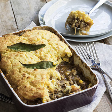 Mince and Onion Pie with Corn Topping