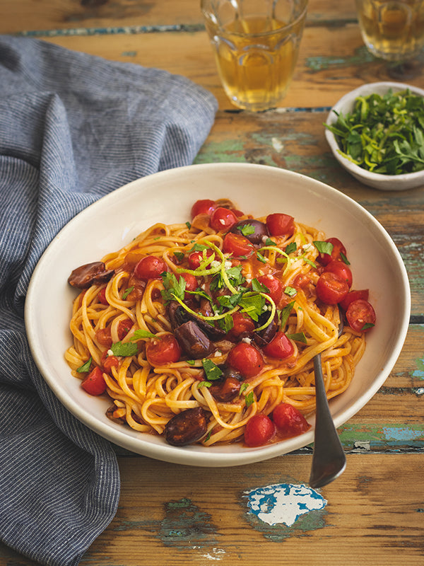 Tagliatelle with No-Cook Puttanesca Sauce