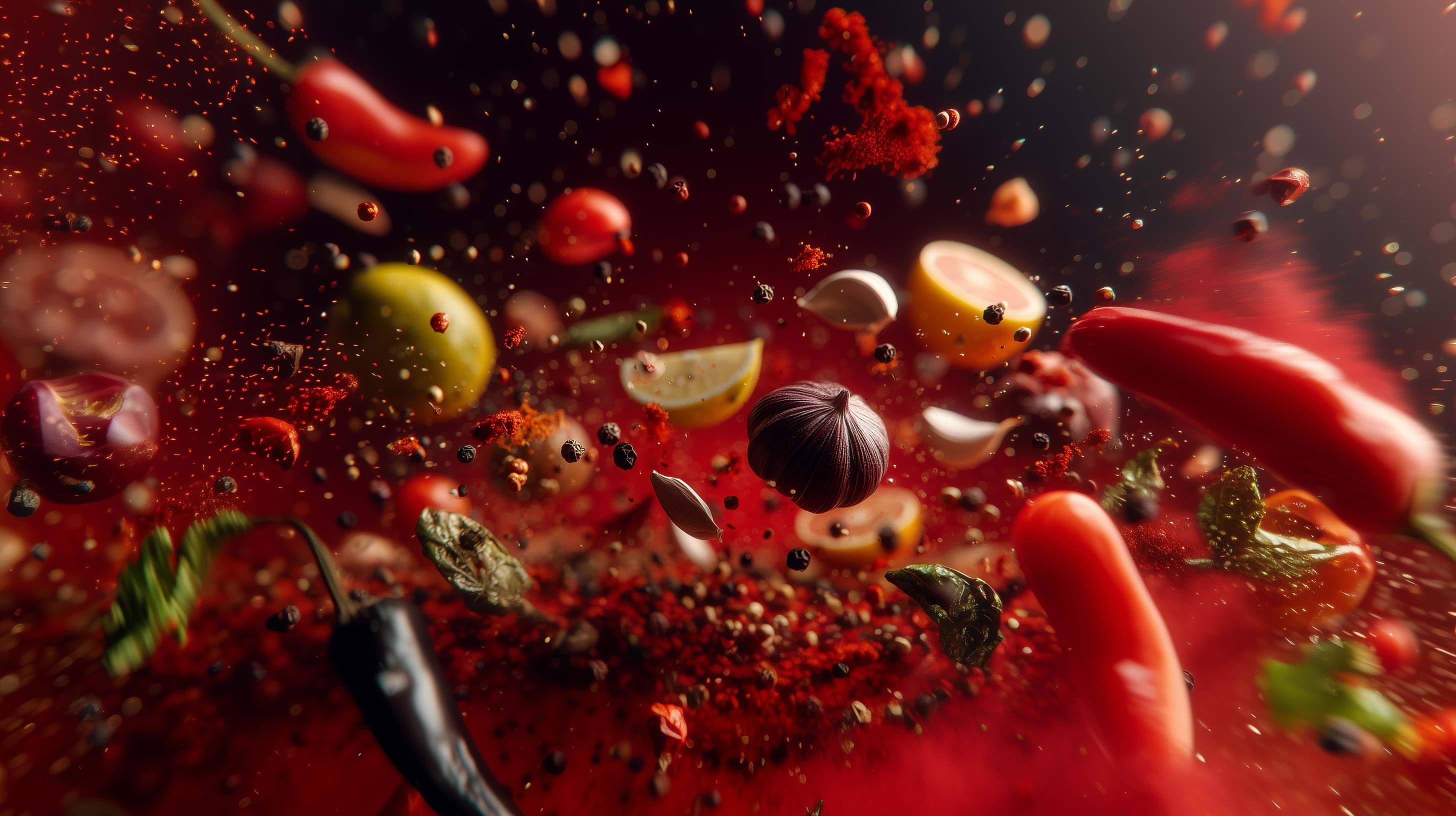 A dramatic hero image showing the range of Flavour Bombs with delicious food.